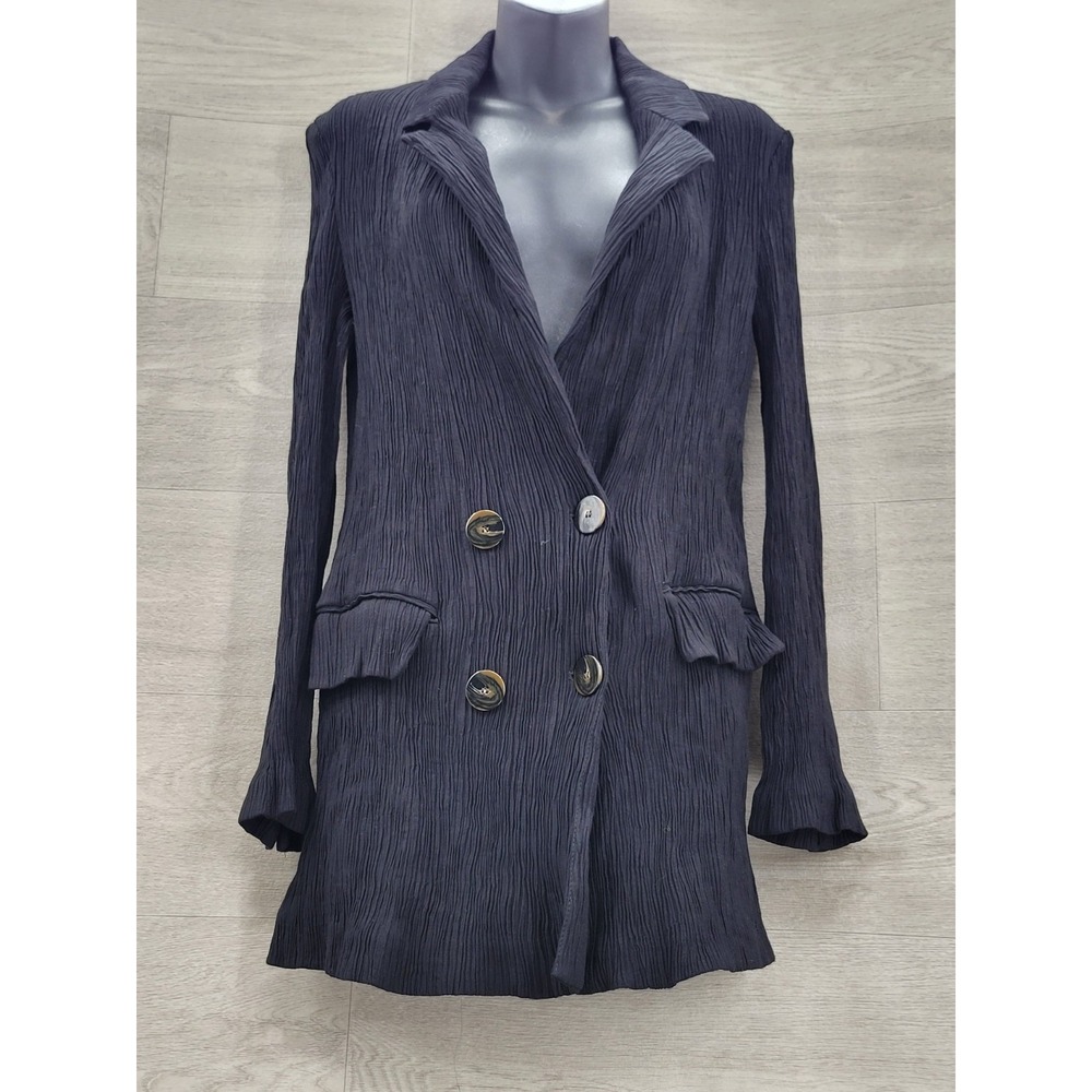 Zara Women's XS Black Longline Blazer Double Breasted Textured Jacket